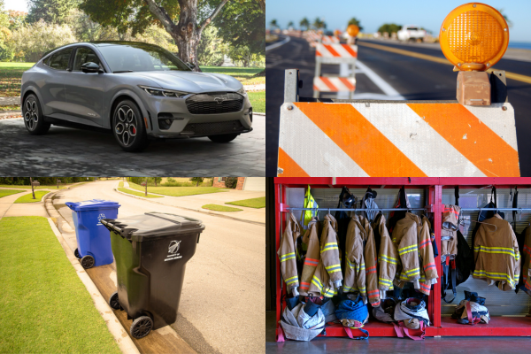 Collage of vehicle, road construction, sanitation carts, and firefighting gear